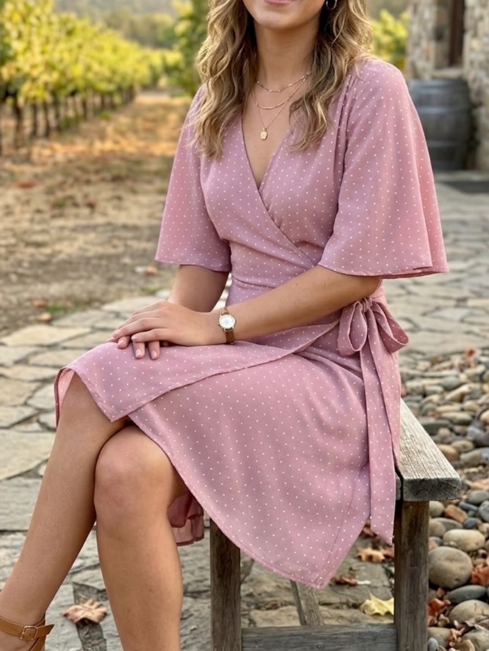 Lulu's Pink Dot Wrap Midi Dress